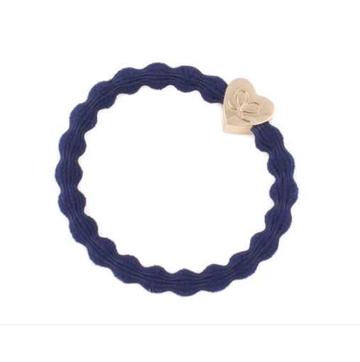 Navy blue hair tie with a gold heart-shaped clasp on a white background