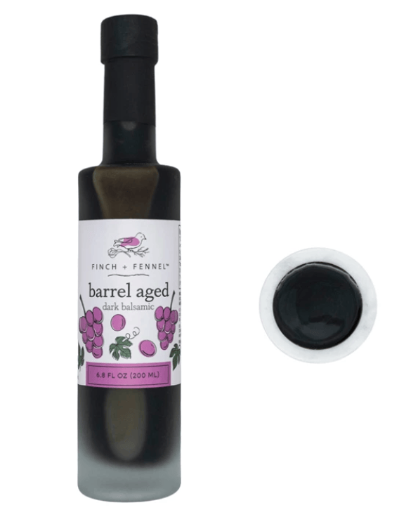 Bottle of Finch + Fennel barrel aged dark balsamic on a white background