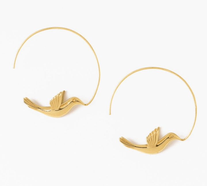 Brass Wren Bird Hoop Earrings