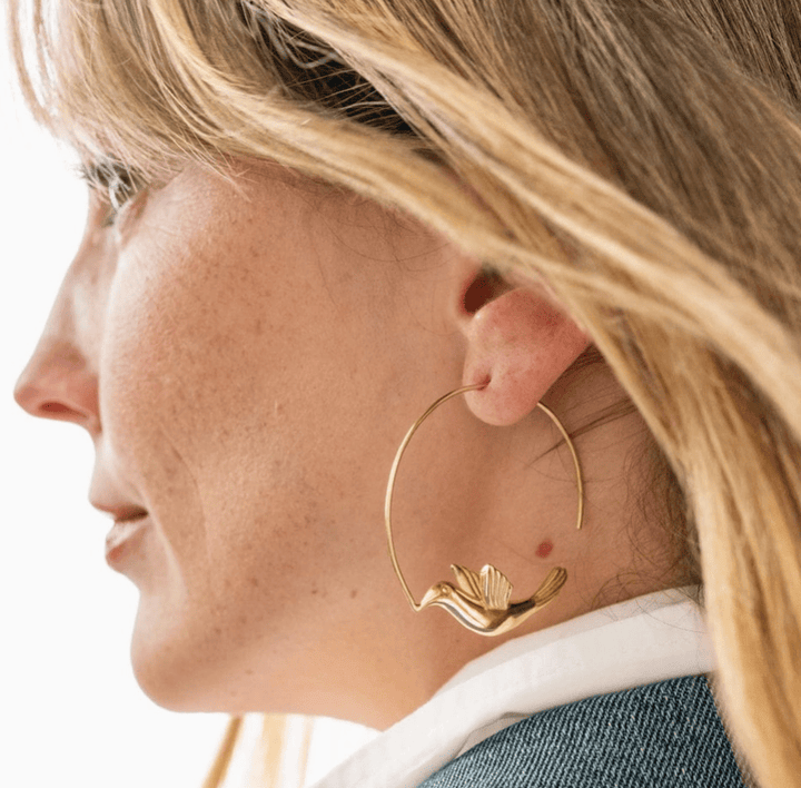 Brass Wren Bird Hoop Earrings