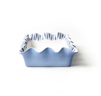 Iris Blue Drop 13" casserole dish with ruffled edge on a white background.