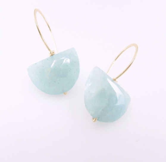 Pair of light blue teardrop earrings on a white background