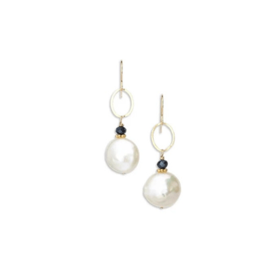 Pair of pearl earrings with gold and silver loops on a white background