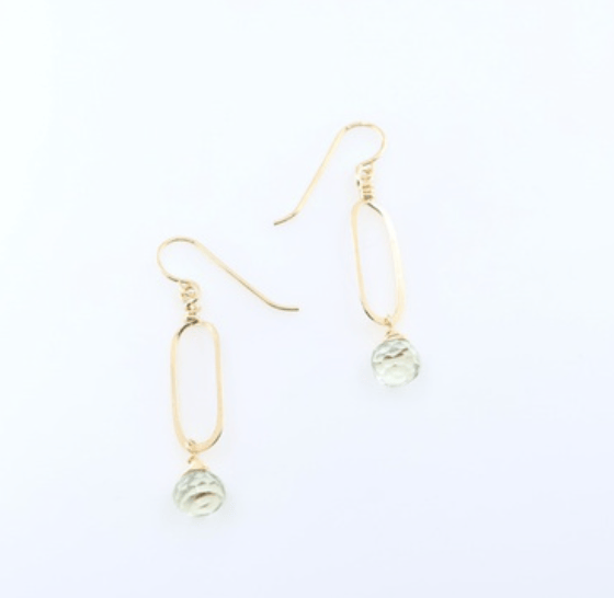 Gold forged link earrings with green amethyst briolette drop on white background.