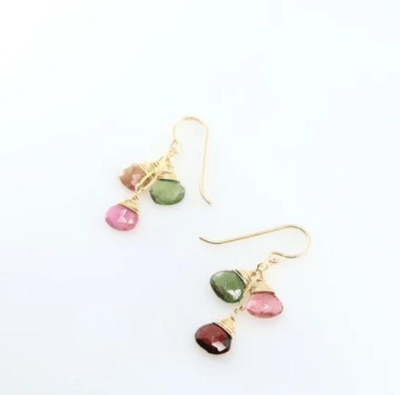 Gold earrings with multicolored gemstones on a white background