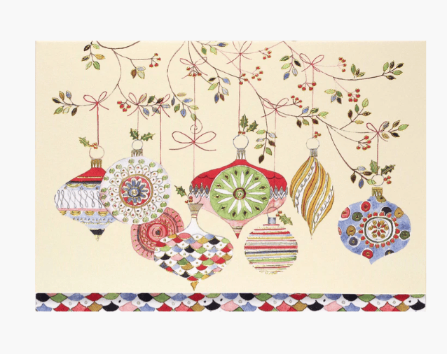 Decorative card with colorful Christmas ornaments on a beige background