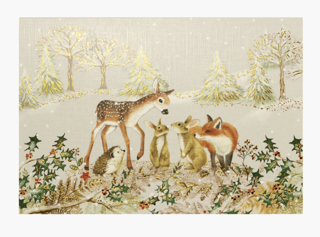 Illustration of forest animals in a snowy landscape with trees and holly.
