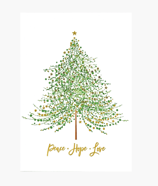 Decorative Christmas tree with 'Peace Hope Love' text on a white background