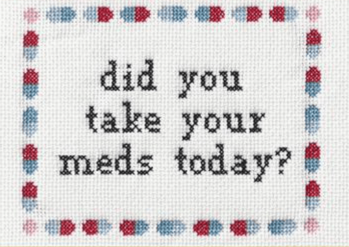 Cross-stitched question 'did you take your meds today?' with a colorful border.