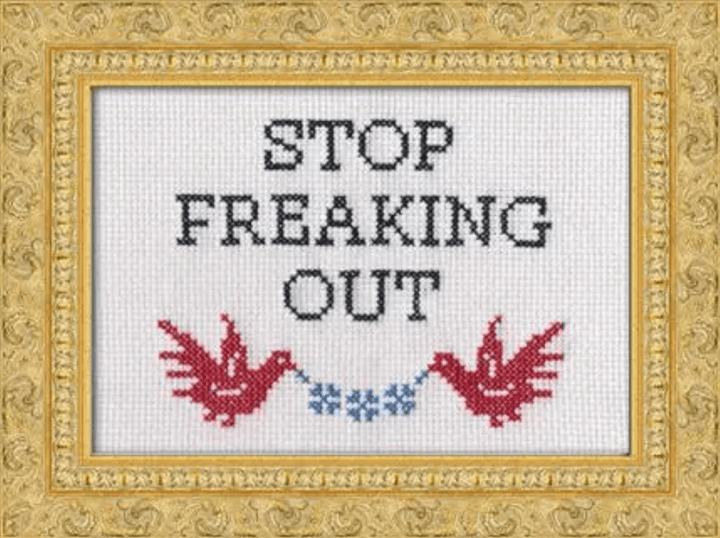 Cross-stitched design with 'Stop Freaking Out' text and two birds on a gold background