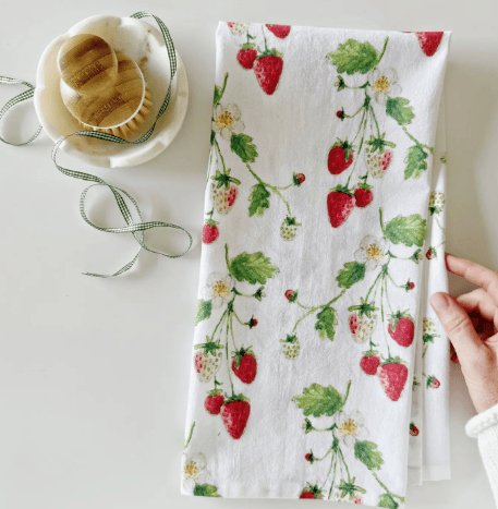 Emily Lex strawberry print flour sack kitchen towel on white background.