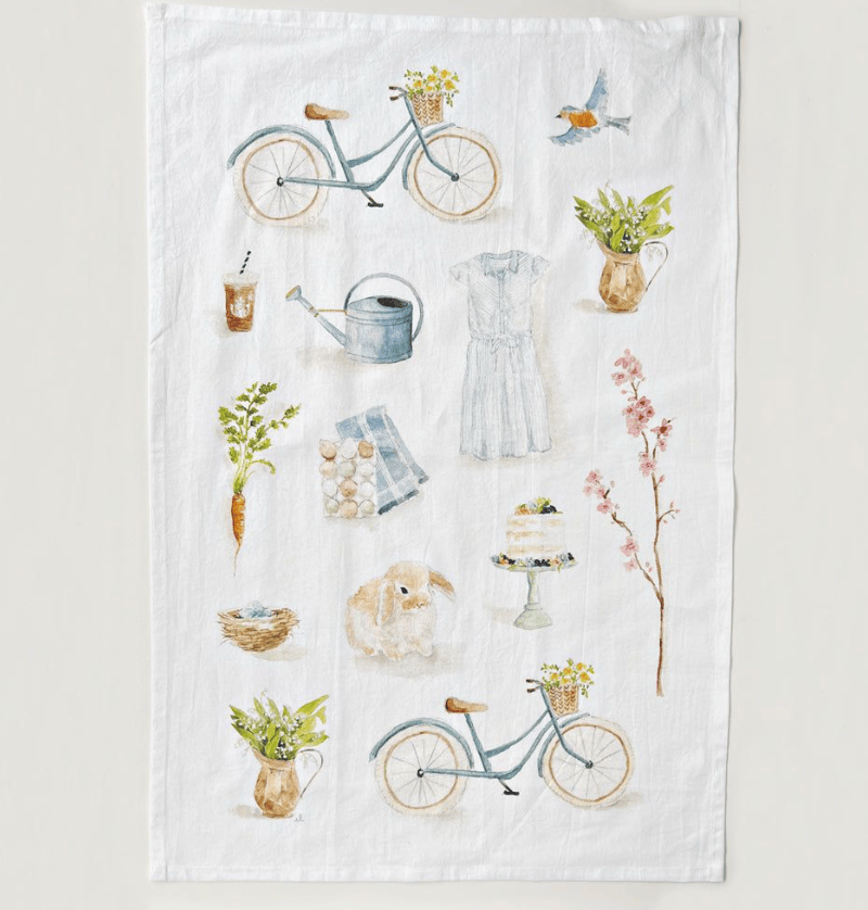Emily Lex springtime print flour sack kitchen towel on white background.
