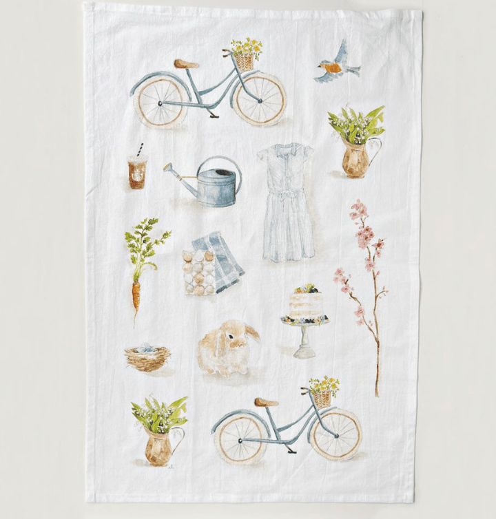Emily Lex springtime print flour sack kitchen towel on white background.
