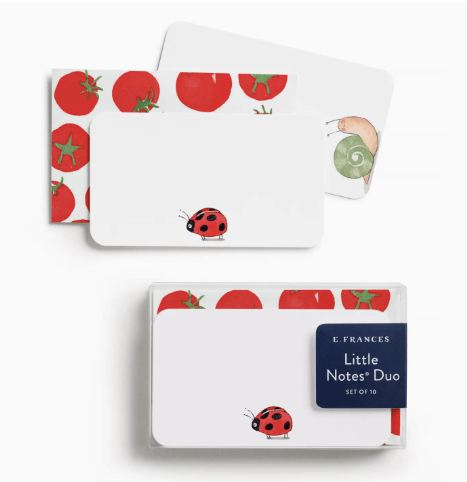 Note card set with tomato and ladybug design, featuring E. Frances branding.