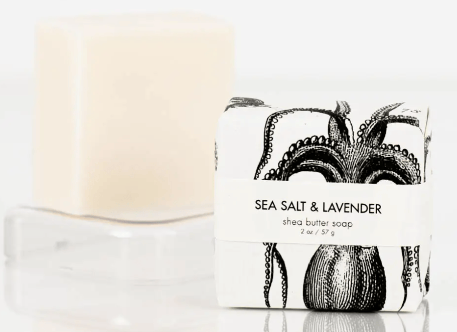 Sea Salt & Lavender soap bar with packaging featuring an octopus design on a white background