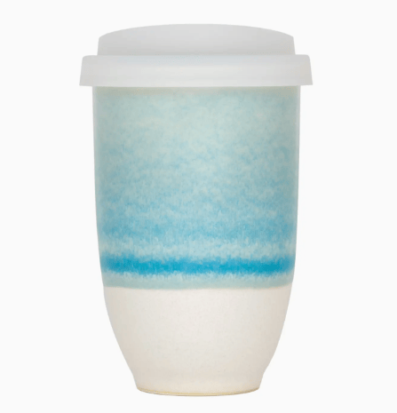 Reusable coffee cup with a blue stripe on a white background