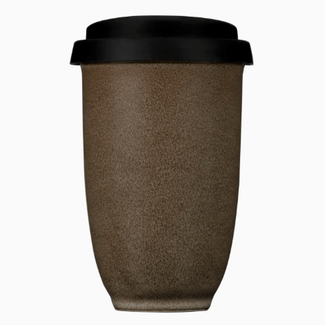 Brown textured coffee cup with a black lid on a white background