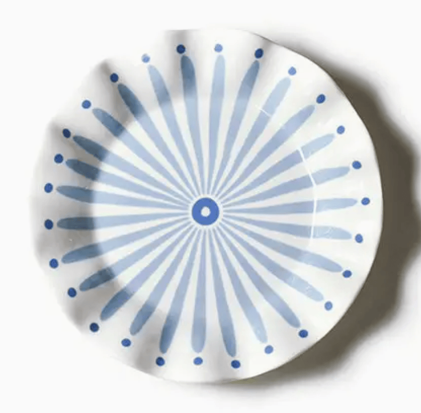Ceramic salad plate with blue radial pattern on a white background