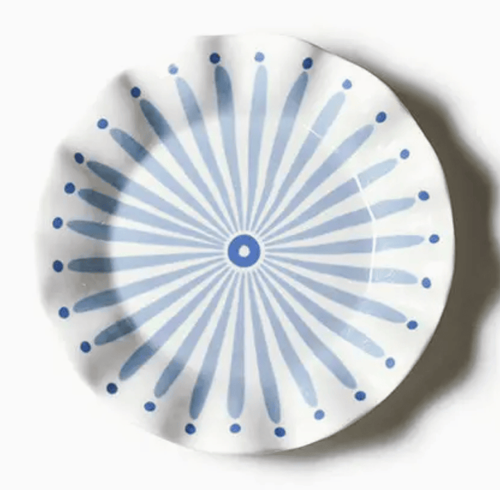 Ceramic salad plate with blue radial pattern on a white background
