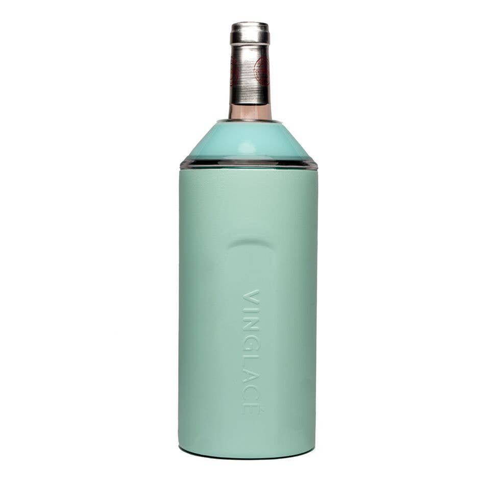 Sea glass wine bottle cooler with 'VINGLI' branding on a white background