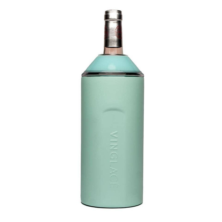 Sea glass wine bottle cooler with 'VINGLI' branding on a white background
