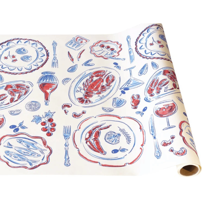 Roll of paper with red and blue food-themed illustrations on a white background