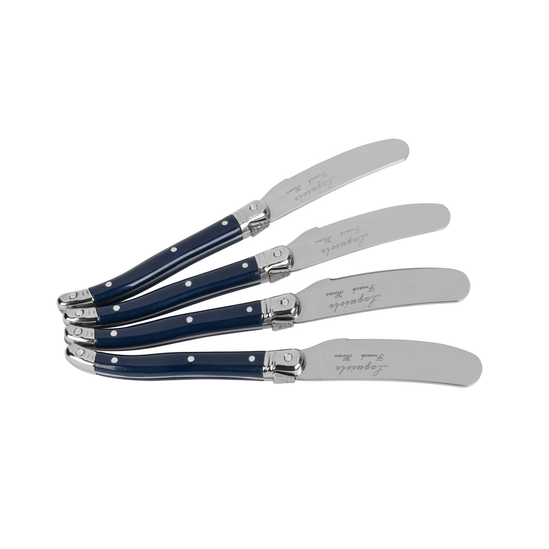 Set of four cheese spreaders with blue handles on a white background