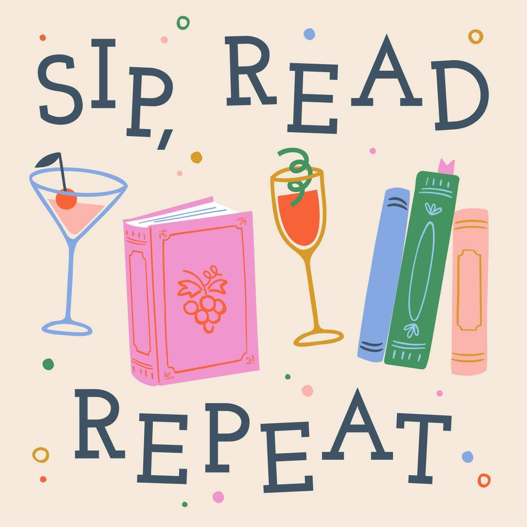 Illustration with 'Sip, Read, Repeat' text surrounded by a cocktail, books, and a glass of wine on a beige background.