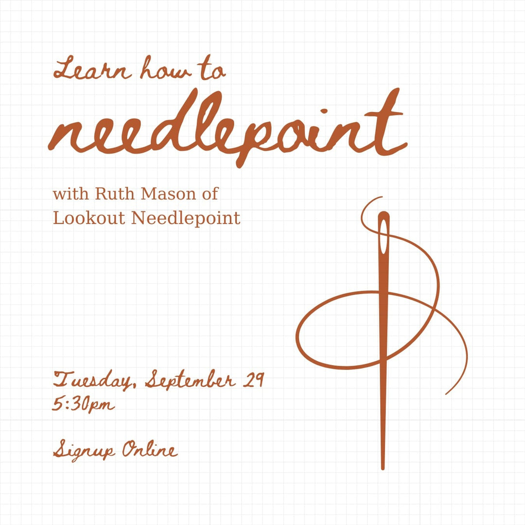 Flyer for Needlepoint Class with Ruth Mason of Lookout Needlepoint on white background with copper color text 