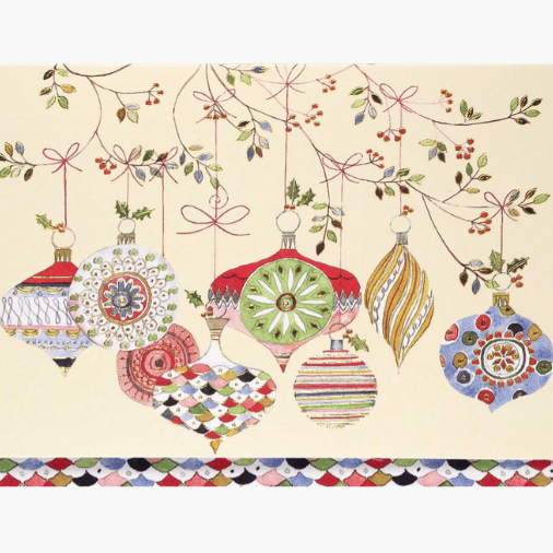 Decorative card with colorful Christmas ornaments on a beige background