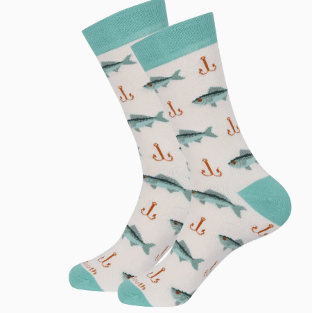 Pair of socks with fish and anchor pattern on a white background