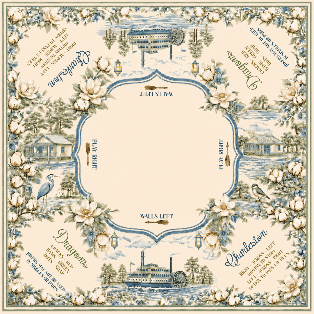 Mahjong mat featuring a cream center field surrounded by a blue and white toile border with flowers, houses, birds, and helpful hints for mahjong play.