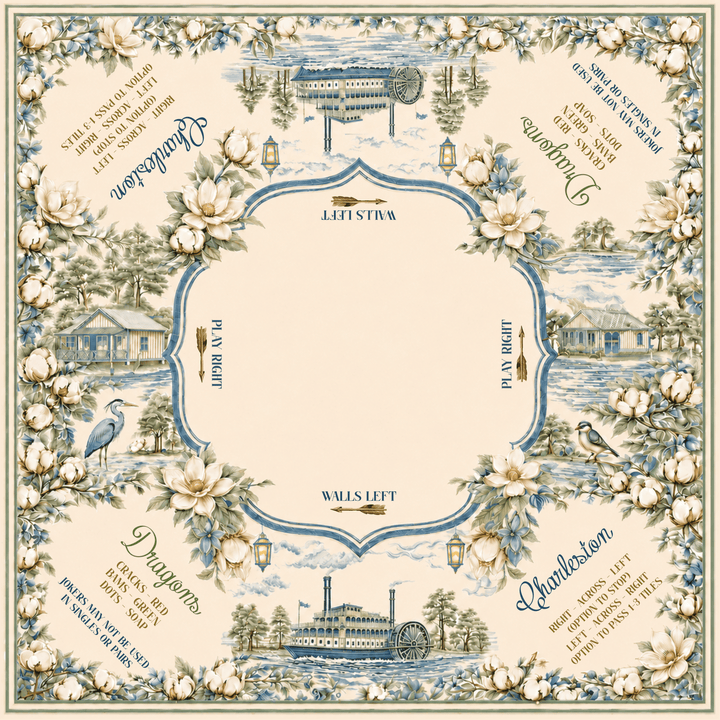 Mahjong mat featuring a cream center field surrounded by a blue and white toile border with flowers, houses, birds, and helpful hints for mahjong play.