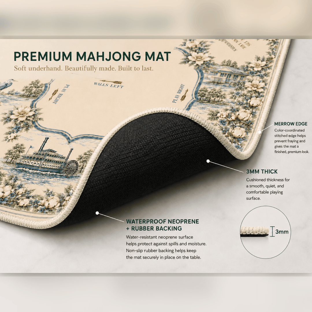 Premium mahjong mat with design and specifications on a neutral background