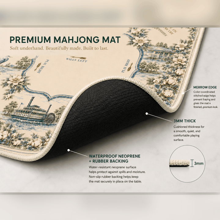 Premium mahjong mat with design and specifications on a neutral background