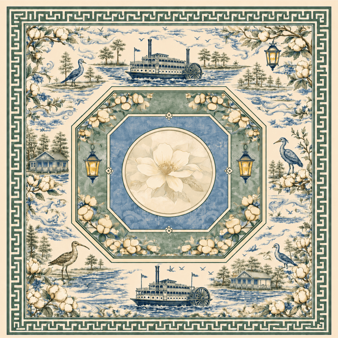 Mahjong mat featuring a central floral medallion surrounded by an octagonal border, with blue birds, lanterns, houses, trees, and paddle-wheel steamers in a soft cream, blue, and sage green palette.