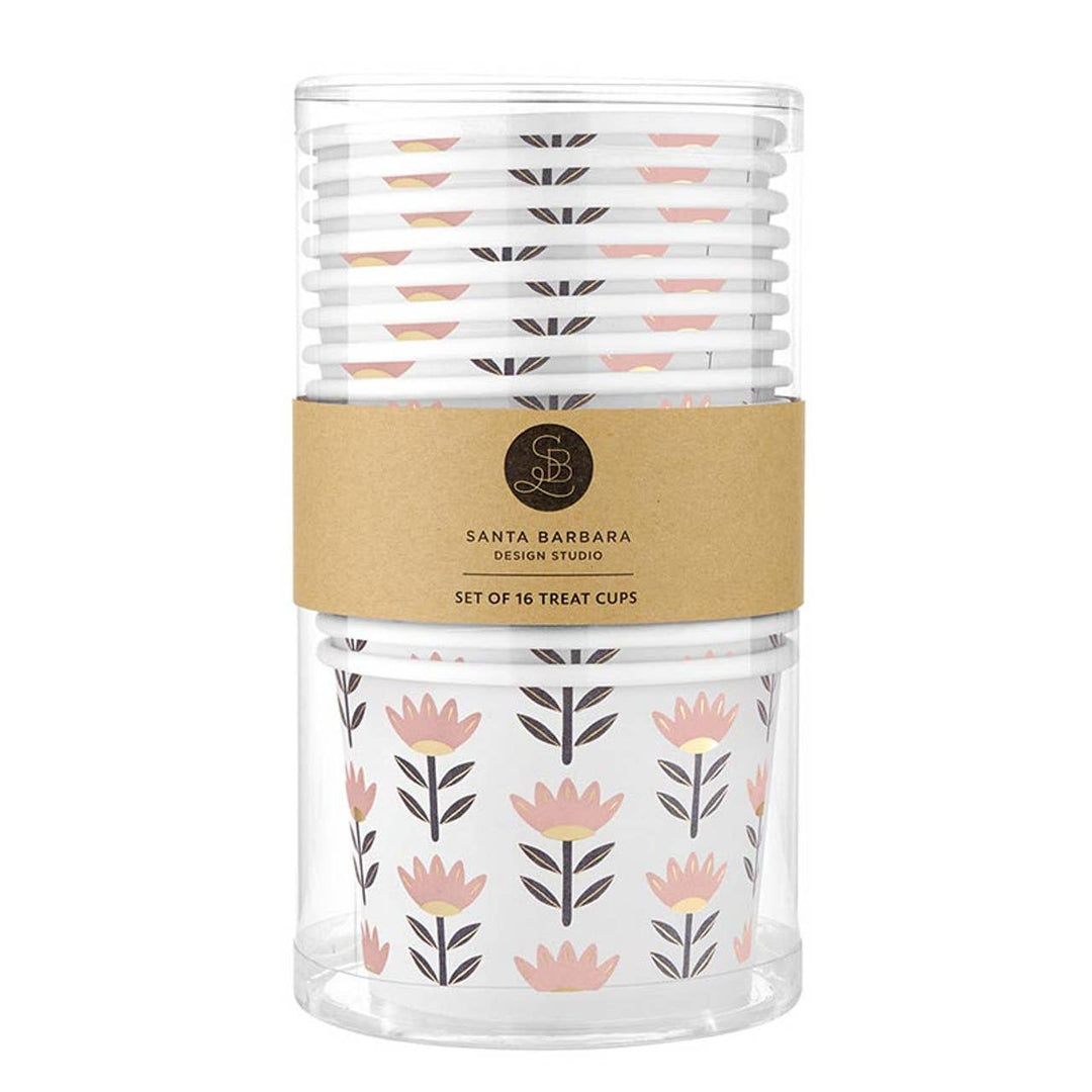 Set of 16 treat cups with floral design in a clear container labeled 'Santa Barbara Design Studio'.