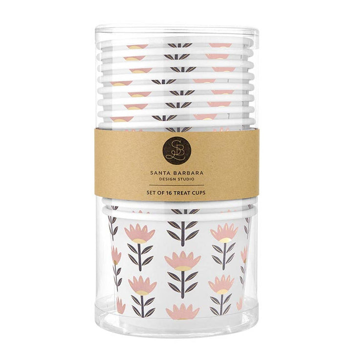 Set of 16 treat cups with floral design in a clear container labeled 'Santa Barbara Design Studio'.