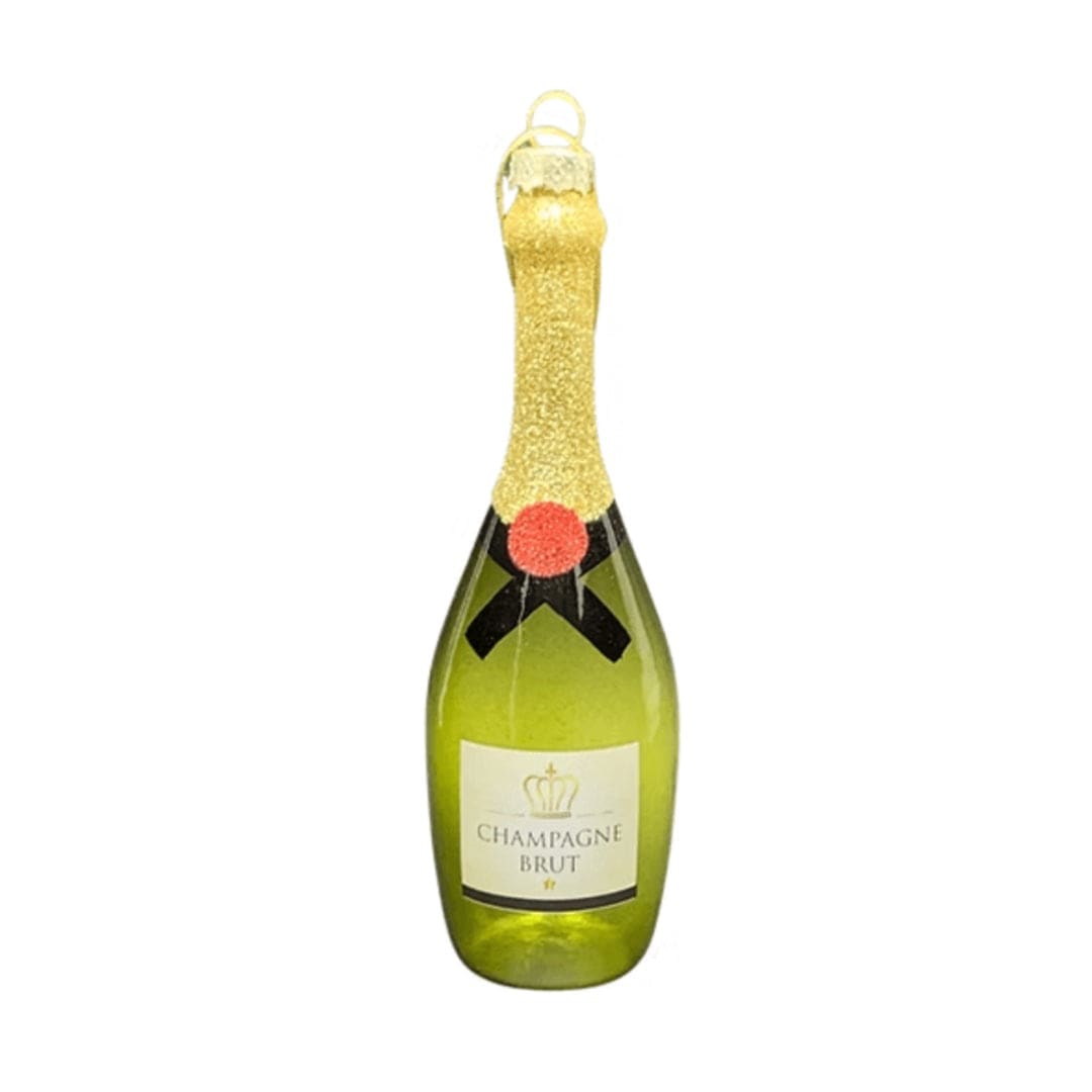 Decorative champagne bottle ornament with gold glitter top on a white background