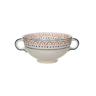Stoneware Bowl w/ Handles & Pattern, Red, Blue & White