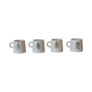 Hand-painted stoneware mugs with a Christmas tree and multi-colored speckled design is a unique and festive way to enjoy drinks and celebrate the season.