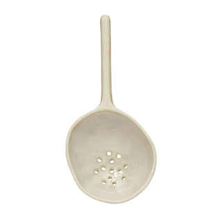 6-3/4"L Stoneware Slotted Spoon, Reactive Glaze, White  