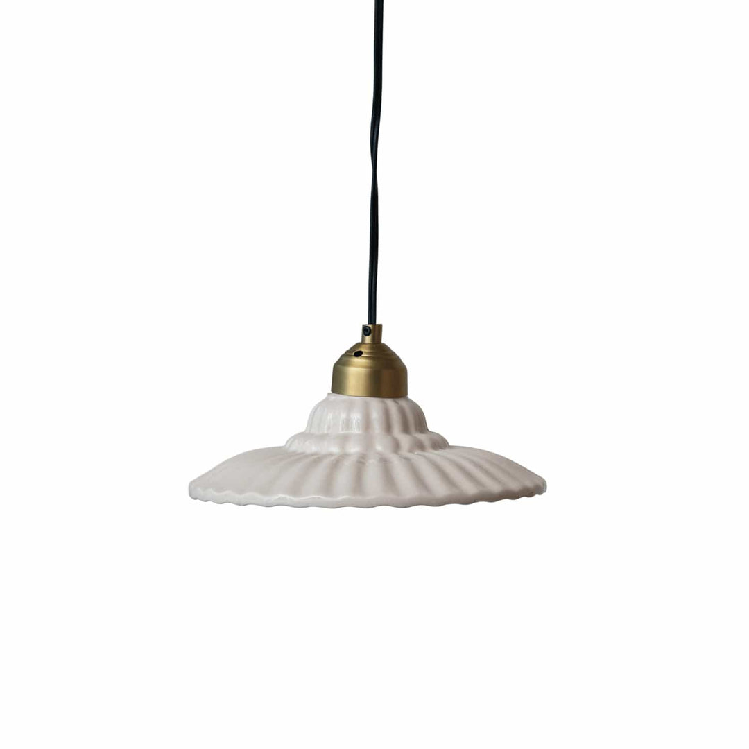 White pendant lamp with a gold fixture on a white background