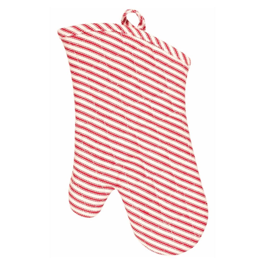 Red and white striped oven mitt on a white background