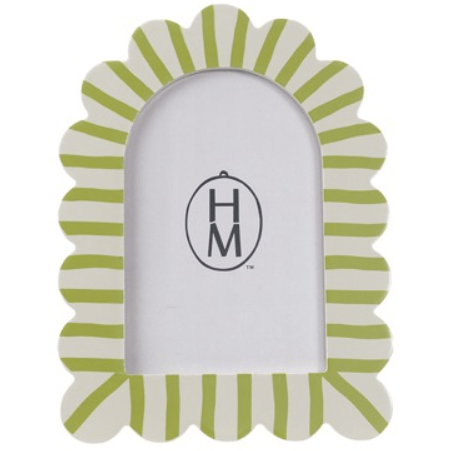 Decorative photo frame with green and white striped border on a white background