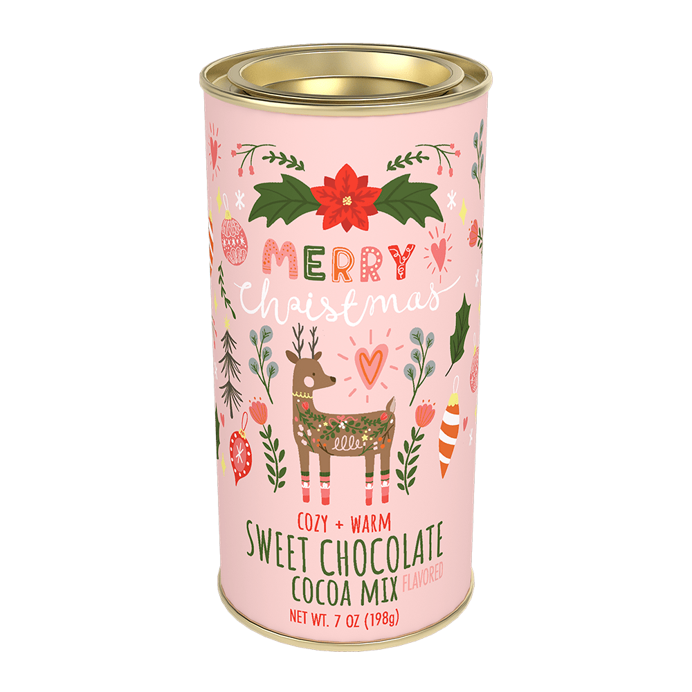 Pink can of sweet chocolate cocoa mix with Christmas-themed design on a green background