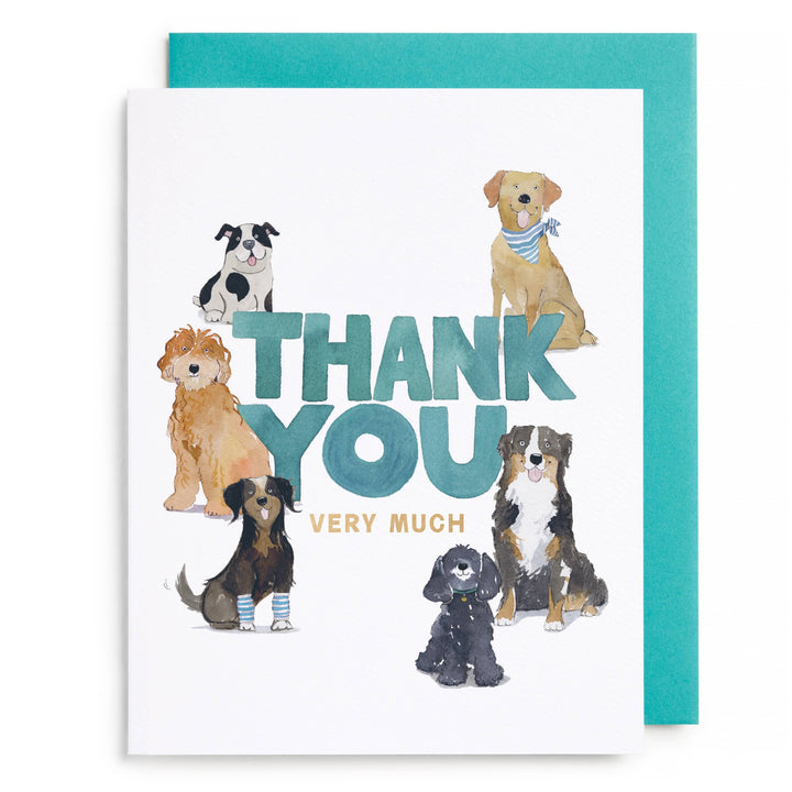 Greeting card with illustrations of dogs and 'Thank you very much' text on a white background with teal border.