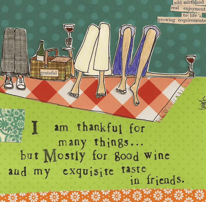 Illustration of people sitting on a picnic blanket with wine, text about gratitude for wine and friends.