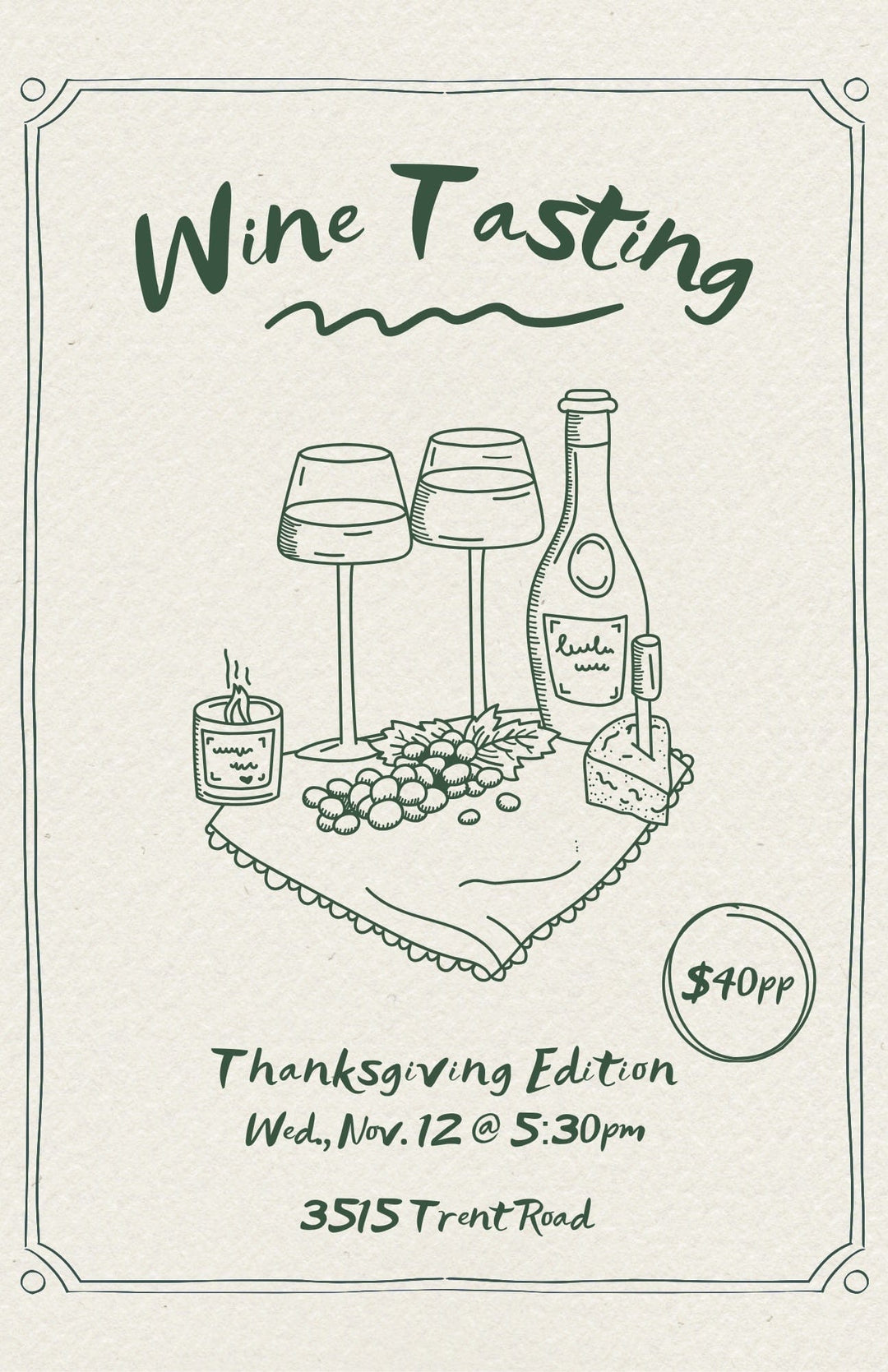 Wine tasting event flyer with illustration of wine bottle, glasses, and food on a white background