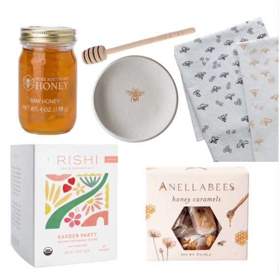 Collection of honey products including a jar, packaging, and a blanket with bee designs.